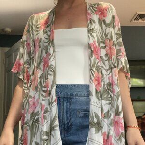 Sheer Floral Beachy Cover-Up Kimono-Style – White & Pink